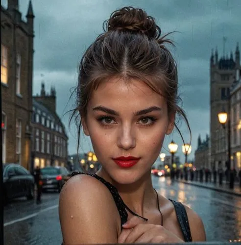 a conceptual art portrait of a beautiful Caucasian young woman, 22 years old with brown hair, brown eyes, and red lips, she has her hair tied up with a bun, she is wearing a black dress with a necklin