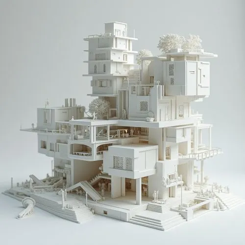 3D printed model of a white abstract building with multiple layers, with some metalic elements, an interwoven mesh, and various parts
,a white model is made out of many blocks,habitat 67,cubic house