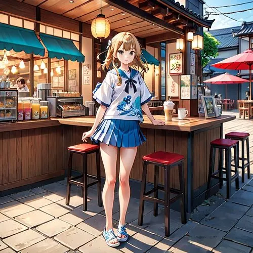 japanese style, manga, realistic,colors.summer,internet caffe,a anime picture of a woman standing next to a counter,tsumugi kotobuki k-on,mugi,kizuna,mirai,cafe,anime japanese clothing,Anime,Anime,Gen