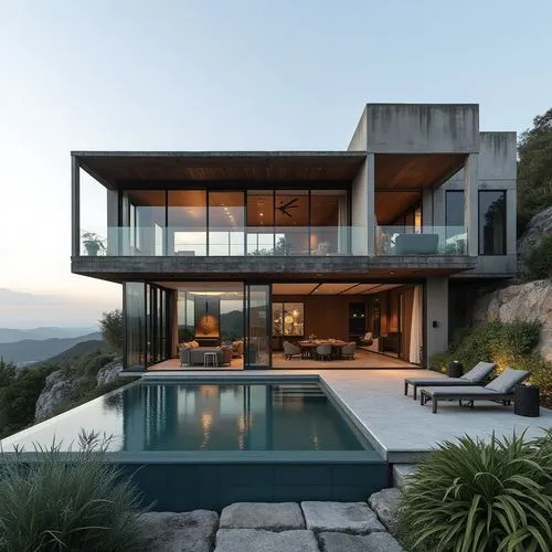 A striking two-story modern villa perched on a hillside, with an expansive balcony and panoramic views. The villa has a unique blend of industrial elements, including exposed steel beams and concrete 