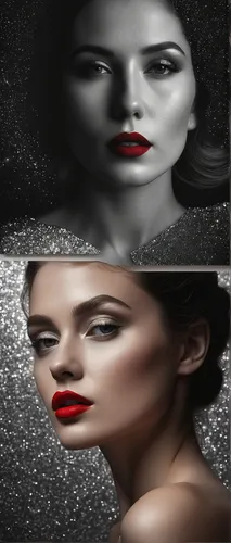 A minimalist monochromatic effervescence lushill glittered image of a woman with red lips in a dim room under a spotlight shaped as a heart, there is a peaceful and loving aura in a glistening diptych
