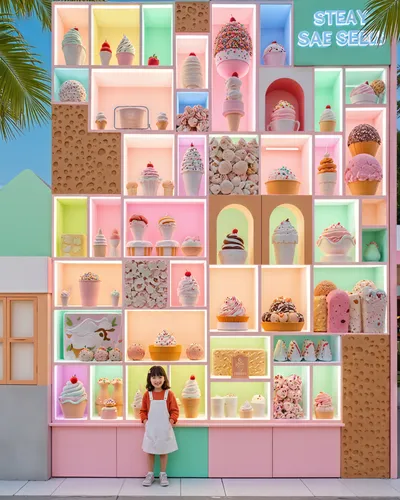 little girl standing against a wall display of cupcakes,doll kitchen,toy store,ice cream shop,doll house,dollhouses,toyshop,soap shop,candy shop,pet shop,ice cream stand,store front,dioramas,candy sto