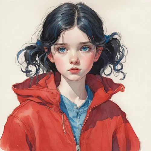 
Joven Adolescente inglés de pelo negro y de ojos azules que lleva ropa roja,a painting of a child with blue hair,kommuna,girl portrait,portrait of a girl,red coat,young girl,lovett,Illustration,Paper