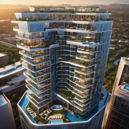 Two 14 stories, solor glass, renewable energies,  triangular outer buildings, separate 14 stories octagonal center building, three pools, one rooftop deck pool, balconies on one building,,residential 