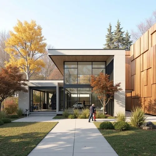 the exterior of a modern house with a paved pathway leading into the front yard,modern house,mid century house,smart house,cubic house,modern architecture,cantilevers,residential house,cube house,timb