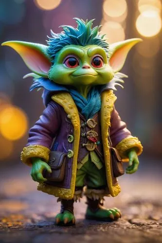 Leica portrait of a gremlin monster wearing a coat, coded patterns, sparse and simple, uhd image, urbancore, sovietwave, period snapshot,a small doll dressed as an alien,goblin,gizmo,smuggler,gnomish,