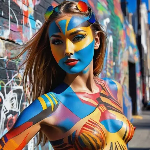 Cleopatra, full chest bodypainting and new-york city paint covered, Graffiti art, Cliff Spohn art, Seekland Art Abstract paint style, Cleopatra, close-up on face, bright sun light above, new-york city