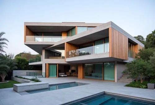 шикарный ландшафт вокруг. Красивое небо на закате,a house with two swimming pools in the middle of it,modern house,modern architecture,dunes house,beach house,modern style,cubic house,cantilevered,cub