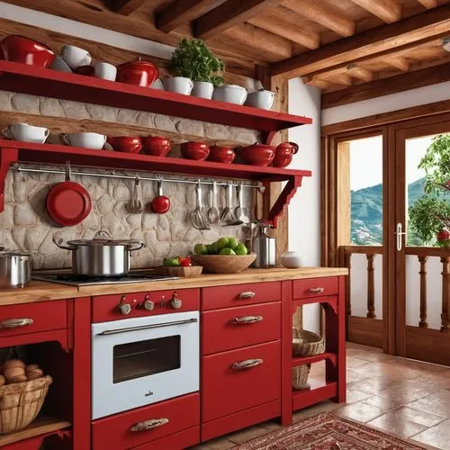 Cozinha com moveis em madeira rustica , com pequenos detalhes em vermelho 
,vintage kitchen,kitchen design,kitchen interior,cucina,cocina,tile kitchen,creuset,victorian kitchen,tagines,kitchen,kitchen