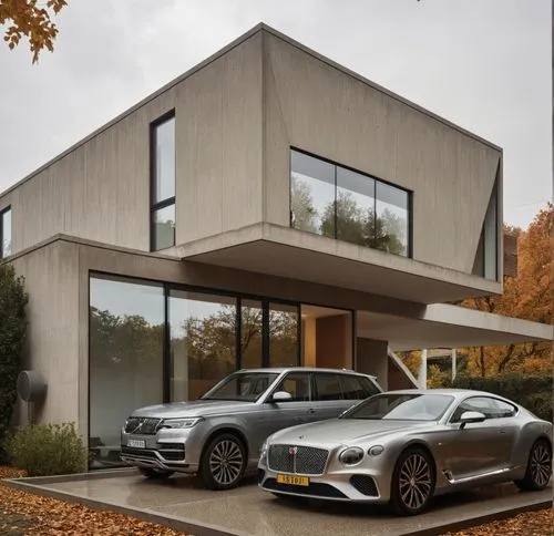 two cars are parked in front of a house,modern house,mulliner,velars,modern style,velar,audi rs7,Photography,General,Realistic