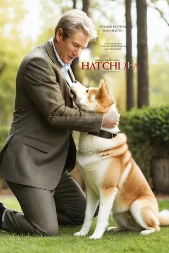 A man in a suit is petting an Akita.,an older person petting a dog with the poster in front of him,hachi,hachiko,bausch,hachim,dachs,macchi,bachini,bachus,macculloch,bacchi