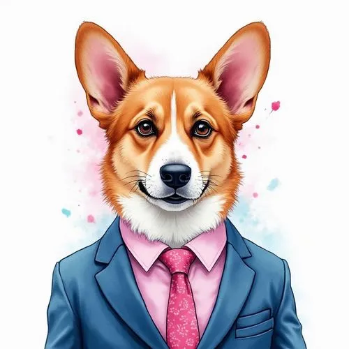 A dapper and humorous watercolor pop art portrait of a Pembroke Welsh Corgi dressed in a smart blue business suit, a pink dress shirt, and a patterned pink tie. The art style features vibrant watercol