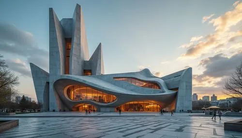 Monumental structure, modernist architecture, sleek lines, geometric shapes, abstract forms, brutalist concrete, minimalist detailing, stainless steel accents, futuristic vibe, urban landscape, city s