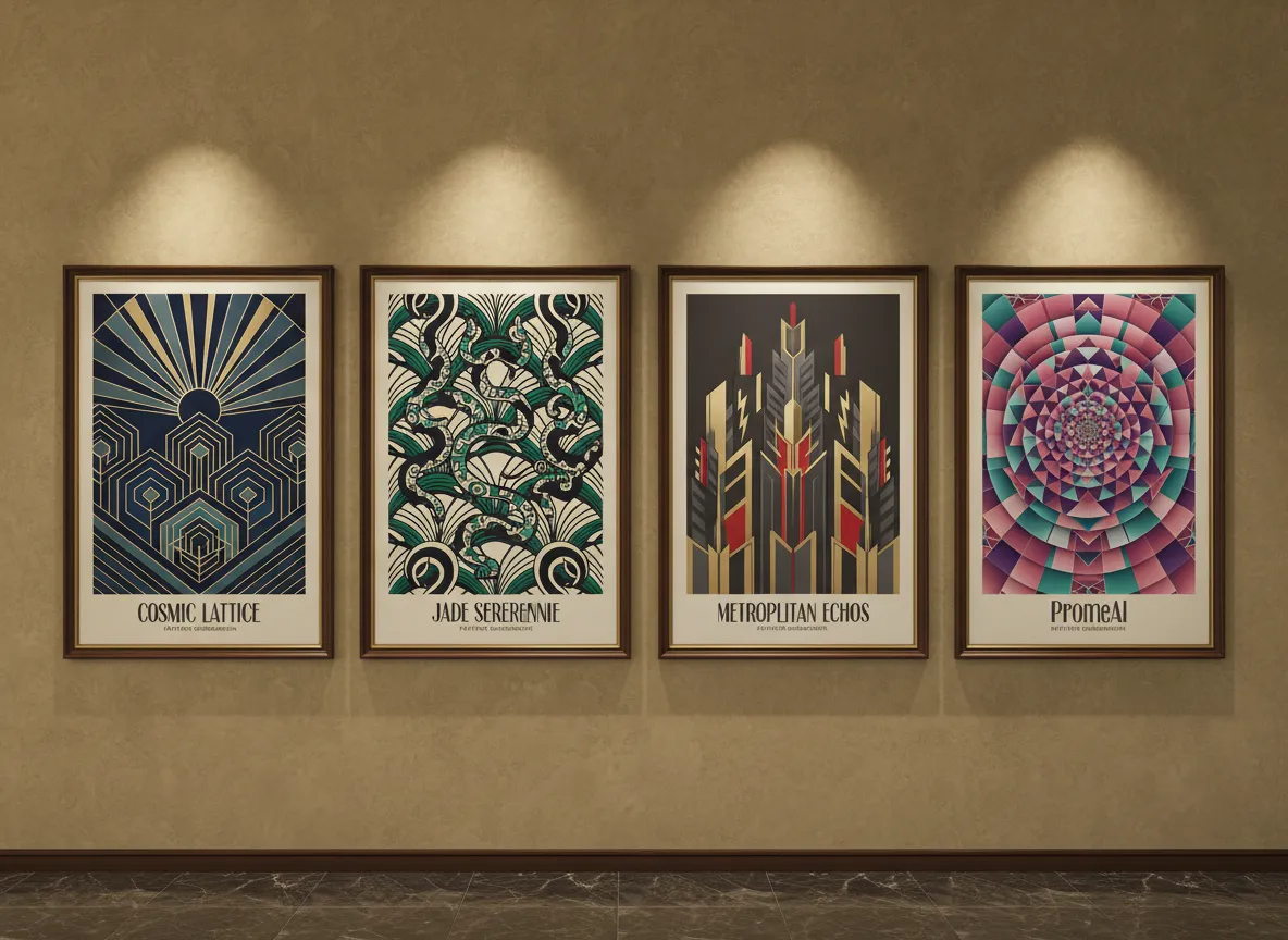 Una galleria di quattro design di manifesti unici, ognuno dei quali mostra un diverso e complesso motivo geometrico Art Déco generato da PromeAI.