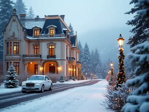 Snow-covered luxury mansion in a French neoclassical style, surrounded by a serene winter landscape. The mansion features a light cream facade with intricate columns, ornate moldings, and tall arched 