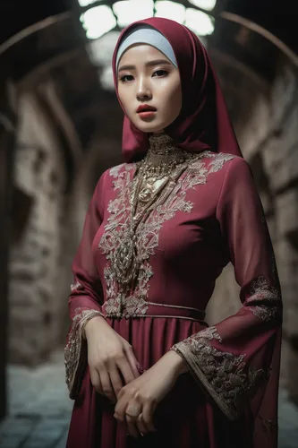beautiful 20 year old Korean model, full body, beautiful, dress and expensive jewelry, wear hijabi, expensive low-cut dress, pouty lips, sharp-focus, very sharp, high-quality, color, unique, one image