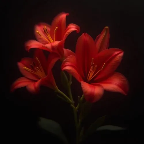 Create a stunning digital artwork featuring vibrant red lilies against a deep black background. Focus on intricate petal details, highlighting the glossy textures and natural curves of the flowers. In