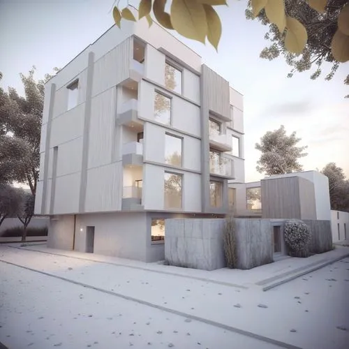 the front of an art deco building in winter,cubic house,render,modern house,renders,maisonettes,cube house,modern architecture,rendered,cube stilt houses,new housing development,prefab,apartment house