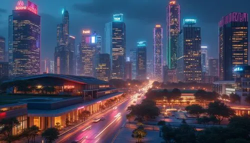Vibrant modern architecture, bold geometric shapes, neon-lit nightscapes, reflective glass facades, metallic accents, dynamic LED lights, futuristic skyscrapers, sleek minimalism, urban cityscape, bus