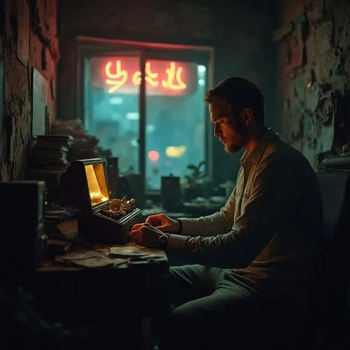 Within a decrepit apartment, illuminated solely by the flickering light of a malfunctioning neon sign outside the window, a man sits at a cluttered desk. Surrounded by obsolete electronics and stacks 