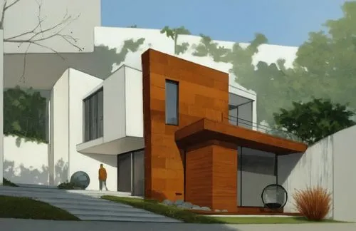 Render de una casa moderna de esquina con diseño geométrico contemporáneo. La estructura presenta volúmenes rectangulares en diferentes niveles, destacando un volumen revestido en un material de color