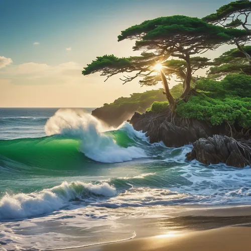 a picture of a body of water with an ocean wave,japanese waves,beach landscape,emerald sea,beautiful beaches,coastal landscape,nature wallpaper,japanese wave,ocean waves,beautiful beach,greens beach,d