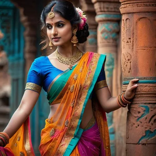 A beautiful 26 year old woman in a flowing, colorful sari. Low cut. Flirty.
,beautiful indian woman in traditional costume posing for a po,sari,saree,paithani saree,wedding saree,krishnaveni,remya,ind