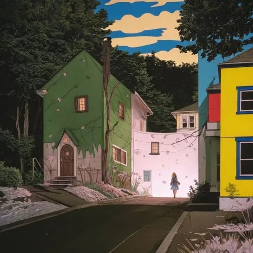 POP ART BACKGROUND by ROY LICHTENSTEIN,a person standing in front of two buildings,houses silhouette,houses,row houses,wooden houses,house painting,aurora village,blocks of houses,townhouses,row of ho