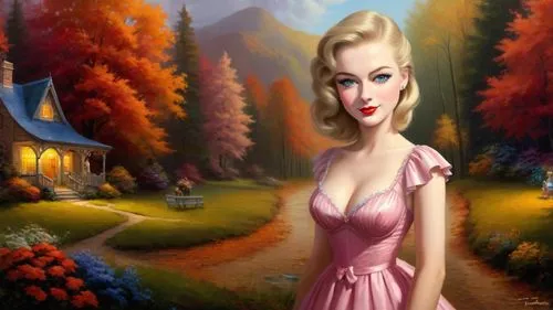 Romantic masterpiece oil painting, cute girl portrait, nostalgic 1950's style kitsch, breathtaking beautiful landscape, majestic natural Autumn scenery, warm evening lighting, highly detailed, high re