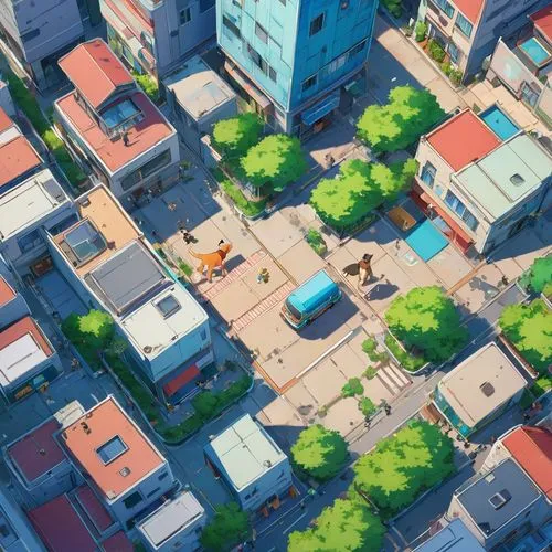 dog,an aerial view of a city with houses,township,isometric,roofs,neighborhood,microdistrict,colorful city,blocks of houses,city blocks,neighbourhood,sekkei,Illustration,Japanese style,Japanese Style 