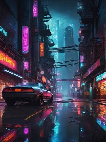 Cyberpunk cityscape, neon lights, futuristic skyscrapers, holographic advertisements, rainy night, misty atmosphere, puddles reflecting city lights, wet asphalt road, pedestrians in trench coats, umbr