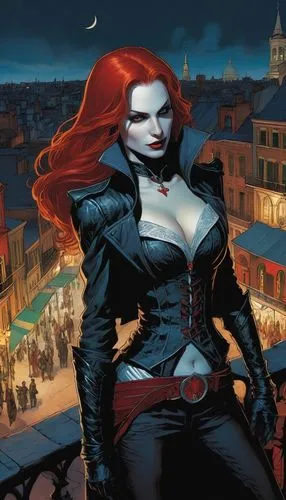 A female vampire dessing assassins creed vampire suit, red hair  standing in the heart of the French Quarter in New Orleans at night in the style of Tim Bradstreet,bloodrayne,macniven,madelyne,batwoma