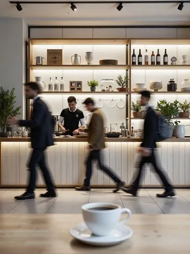 modern café bar front view, scandinavian cafe, white light clean interior, shelfs on backwall, nordic nordic architecture, barista in action, three blurred people passing by in foreground with cup of 