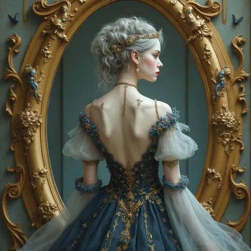 A sophisticated, fantasy-style digital illustration of an ethereal, regal woman standing with her back to the viewer, framed by a large, ornate golden mirror with baroque-style scrollwork, floral patt