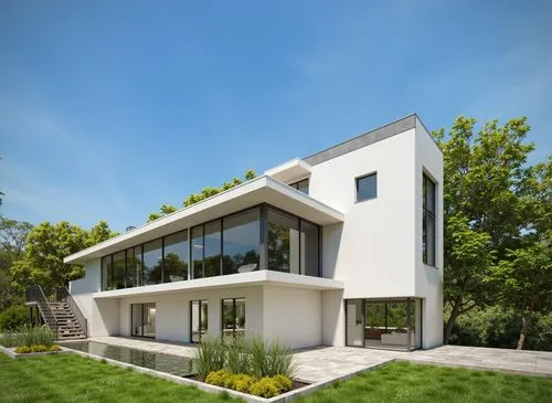 A photo-realistic rendering of a modern, minimalist white house with large glass windows and a green roof. the house is situated on a grassy area with a well-manicured lawn and a small potted plant in