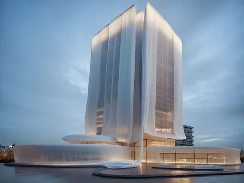 an futuristic building is in front of buildings,futuristic architecture,the energy tower,the skyscraper,renaissance tower,futuristic art museum,high-rise building,glass facade,skyscraper,high rise bui