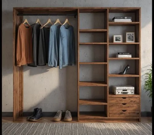 clothes hanging on shelves in front of a large wooden shelf,walk-in closet,storage cabinet,wardrobes,wardrobe,wooden shelf,bookcase,dresser,shelving,cupboard,mudroom,shelves,shoe cabinet,bookcases,clo