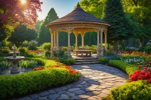 Vibrant garden, European-style landscape architecture, lush greenery, colorful blooming flowers, intricate stone pathways, ornate fountain, delicate benches, majestic trees providing shade, vibrant fl