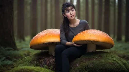 
сидящая на вершине очень большого светящегося гриба,a woman in a gray top and black pants sits on a log holding two giant mushrooms,forest mushroom,forest mushrooms,mushroom landscape,mycologist,edib