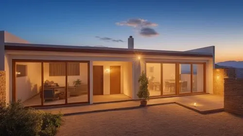 a lit up house sitting next to the mountains,fresnaye,3d rendering,landscape design sydney,dunes house,holiday villa,homebuilding,prefab,render,vivienda,landscape designers sydney,smart home,renders,m