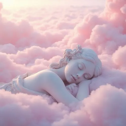 Eine ruhige Szene mit sanfter und traumhafter Atmosphäre, in der eine zarte Frauenstatue anmutig auf einem rosa flauschigen Wolkenbett ruht. Diese welligen und leichten Wolken erzeugen einen sanften G
