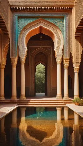 Ancient cultural architecture, intricate carvings, ornate decorations, grand entrance, symmetrical composition, majestic columns, vibrant colorful tiles, Moorish patterns, Islamic geometric designs, I
