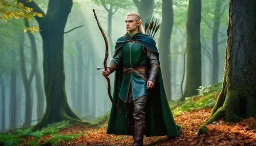 Elf archer, Legolas, slender build, pointy ears, blond hair, blue eyes, elegant eyebrows, silver bow, quiver on back, leather armor, green cloak, standing, misty forest, ancient trees, glowing mushroo