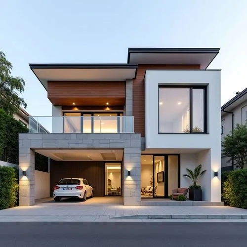 A realistic architectural render of a remodeled two-story house facade, 8 meters wide. The design should apply the style of a modern contemporary house with clean geometry, white smooth stucco, warm w