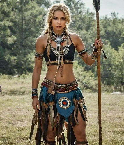 female algonquin blonde  warrior with familly indians,a woman in native garb holding an arrow,female warrior,warrior woman,tribal,barbarian,ancient costume,warrior east,fantasy warrior,warrior pose,pi