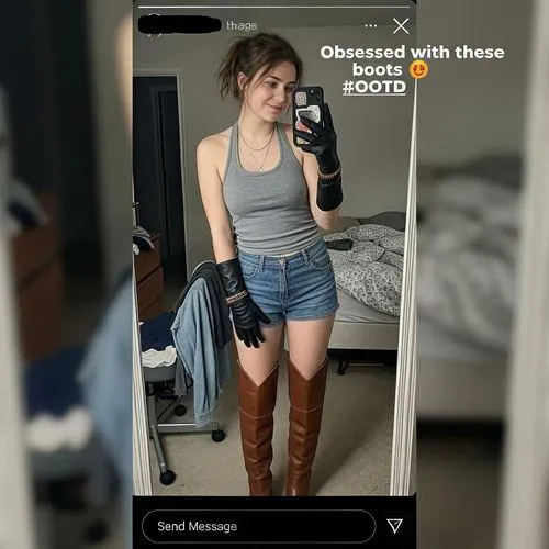 A young 18-year-old woman takes an amateur mirror selfie, shared as an Instagram story, showcasing her personal style. She wears eye-catching accessories that stand out against her simple, everyday ou