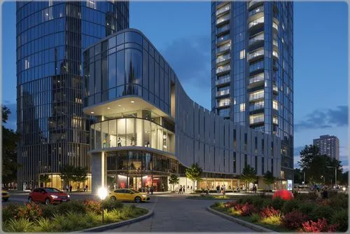 A digital rendering of a futuristic building with a curved glass facade at night. the building is situated in the middle of a busy city street, surrounded by tall skyscrapers. The and the street is il