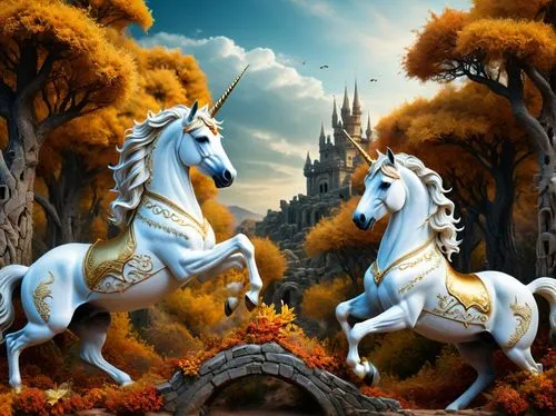 two white unicorns are playing in a magical forest,there is an artistic image of two white horses,unicorn background,white horses,fantasy picture,autumn background,unicorn art,fantasy art,a white hors