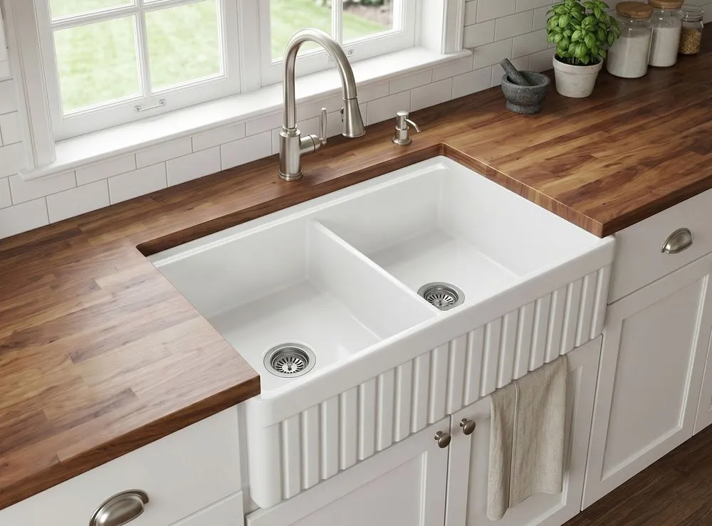 33-Inch Double Bowl Ribbed Fireclay Workstation Sink
