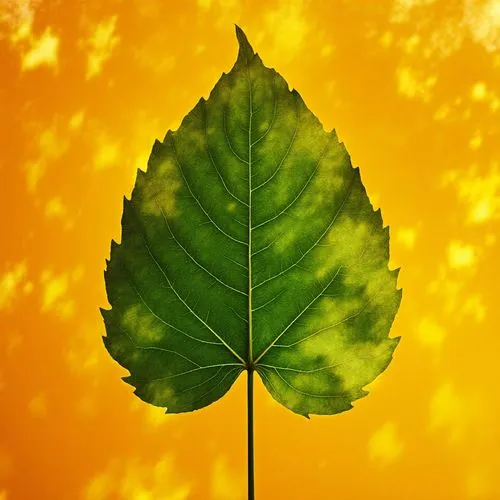 Create a vibrant artwork featuring a large, dramatic green leaf set against a warm orange background. Focus on intricate details of the leaf’s veins and texture, using deep green and bright yellow hue